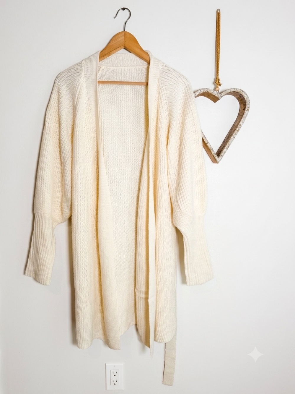 Cream Cable Knit Duster Cardigan Long Open Front Tie Belted Sweater Sz Medium